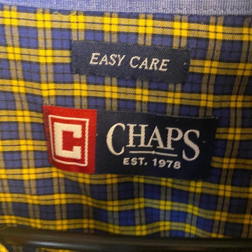 Chaps Mens Large Button Down Shirt Blue Yellow Plaid Long Sleeve Easy Care